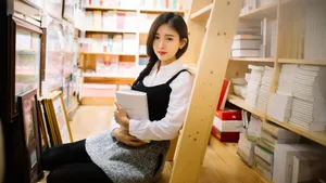 黄色调美女图书馆图片壁纸_4