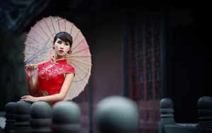 中国红旗袍美女图片_2