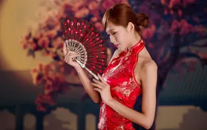 中国红旗袍美女图片_9