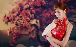 中国红旗袍美女图片_11