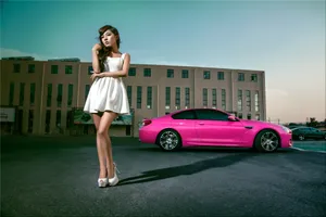 白裙美女宝马M6高清壁纸_9