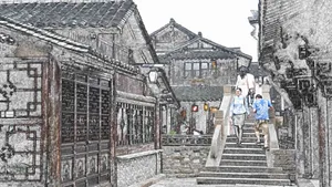手绘彩笔画乌镇图片_4