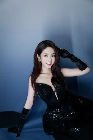 邢菲黑色复古深v长裙图片_1