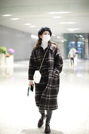 刘诗诗格纹大衣复古文艺机场照图片