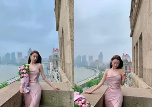 周麟嘉露背开叉吊带裙性感图片写真_2
