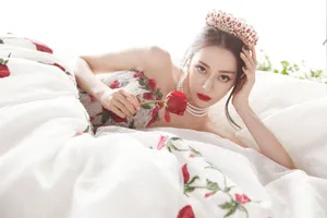 迪丽热巴玫瑰刺绣纱裙优雅性感写真图片_3