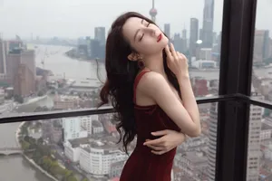 迪丽热巴丝绒红裙性感写真图片_2