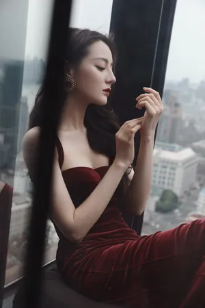 迪丽热巴丝绒红裙性感写真图片_3
