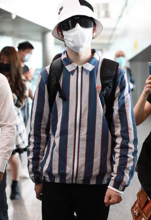 张颜齐条纹运动衫清爽帅气时髦机场照图片