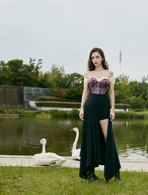 Angelababy抹胸格纹裙性感迷人写真图片_7