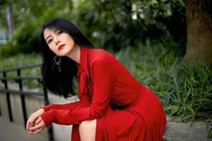 高圆圆红唇红裙明艳性感写真图片_5