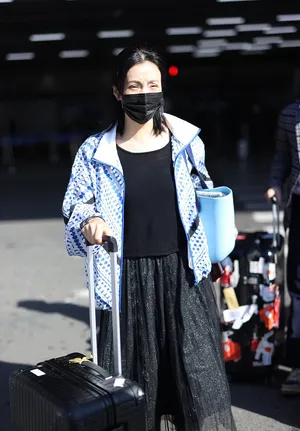 陶虹黑色亮闪纱裙魅力迷人机场照图片
