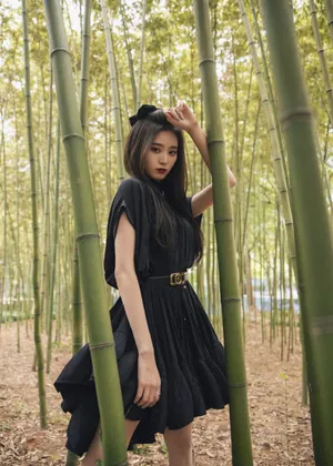徐艺洋竹林黑裙甜酷性感写真图片_1