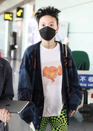 窦靖童印花裤造型个性十足机场照图片