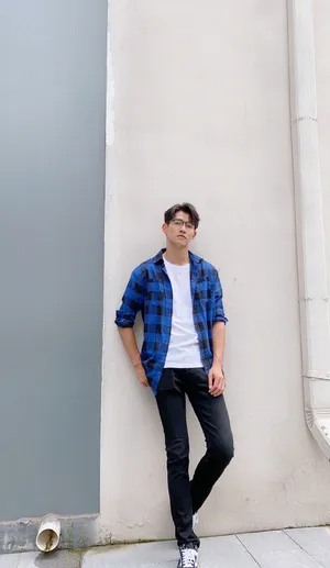 李子峰格子衬衣随性街拍照图片