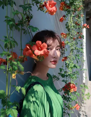 李斯羽绿裙清爽街拍图片