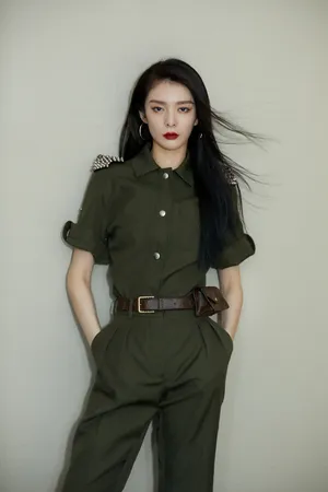 傅菁绿色连体衣时尚写真图片