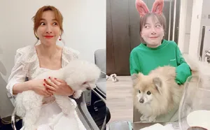 吴昕超美白裙可爱搞怪表情与狗狗互动自拍图片_2