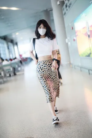 李菲儿豹纹纱裙机场照图片