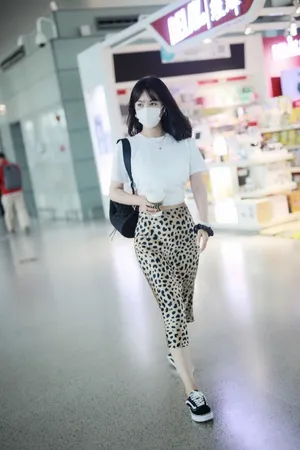 李菲儿豹纹纱裙机场照图片_5