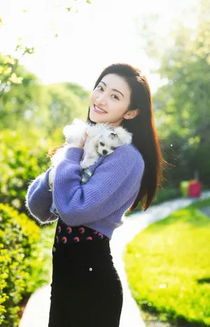 景甜紫毛衣甜美写真图片