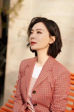 陈数格纹西装干练写真图片
