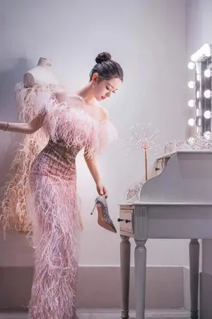 吉娜粉色羽毛长裙性感图片_3