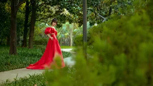 宋茜油画红礼裙复古写真图片_5