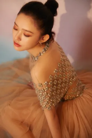 林允裸色珍珠薄纱礼服性感图片_5