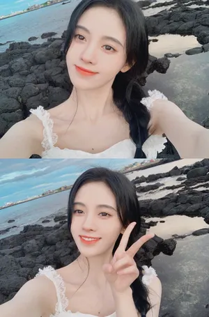 鞠婧祎俏皮甜美海边自拍照图片_8