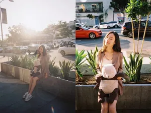 倪妮奶茶色西装活力街拍图片_3