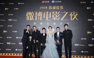邓超条纹西装帅气红毯照图片