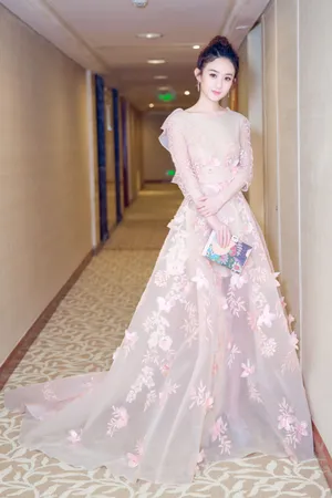 赵丽颖粉色礼服长裙性感图片