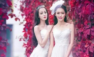 迪丽热巴黄梦莹花丛唯美婚纱照写真图片_2