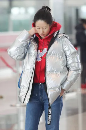 刘敏涛银灰色羽绒服机场照图片