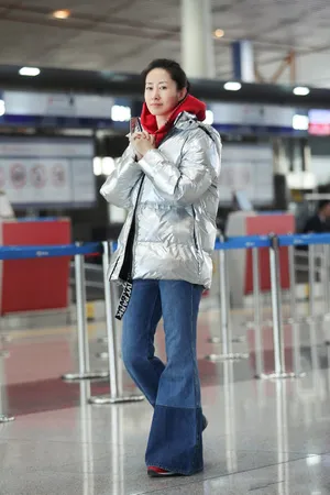 刘敏涛银灰色羽绒服机场照图片_5