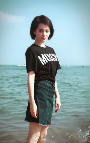 邓莎短袖牛仔裙海岸清爽写真图片
