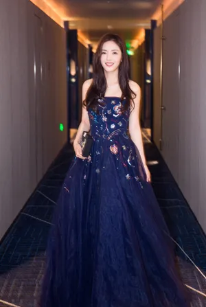 蔡文静蓝色抹胸礼服优雅活动照图片