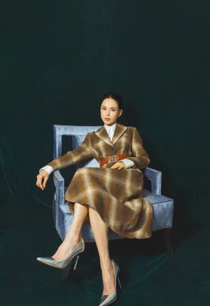 李若彤格纹裙优雅写真图片