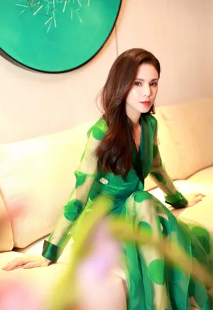 李若彤绿色波点长裙写真图片_1