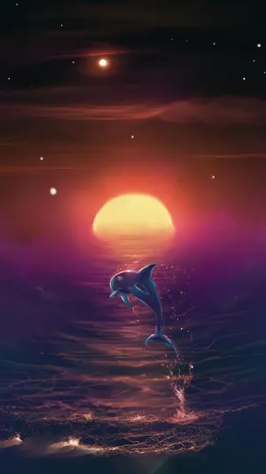 夕阳海面上飞起的海豚唯美