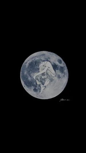 纯黑色背景，一个月亮，上面有一个手绘少年