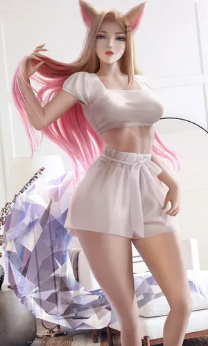 英雄联盟LOL KDA长发美女阿狸 白色短裤插画