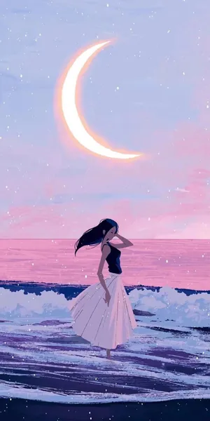残月下的孤单美少女