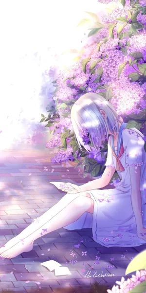 坐在花丛下的动漫美少女_1