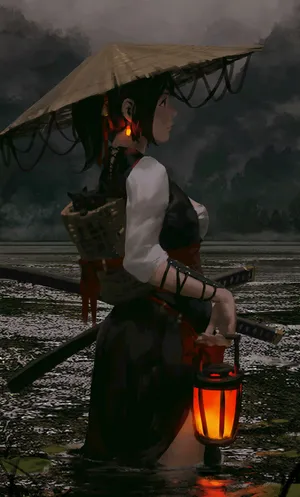 晚上 美女武士 斗笠 油灯 武士刀