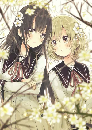 可爱动漫姐妹 花朵 裙子 蝴蝶结