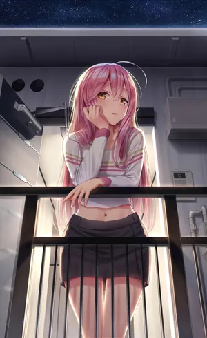 动漫粉色头发女孩子 肚脐 栏杆_1