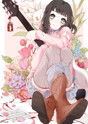 穿靴子可爱动漫少女鲜花