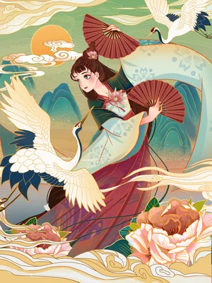 中国风 古装美女仙鹤 圆月 中秋佳节_1